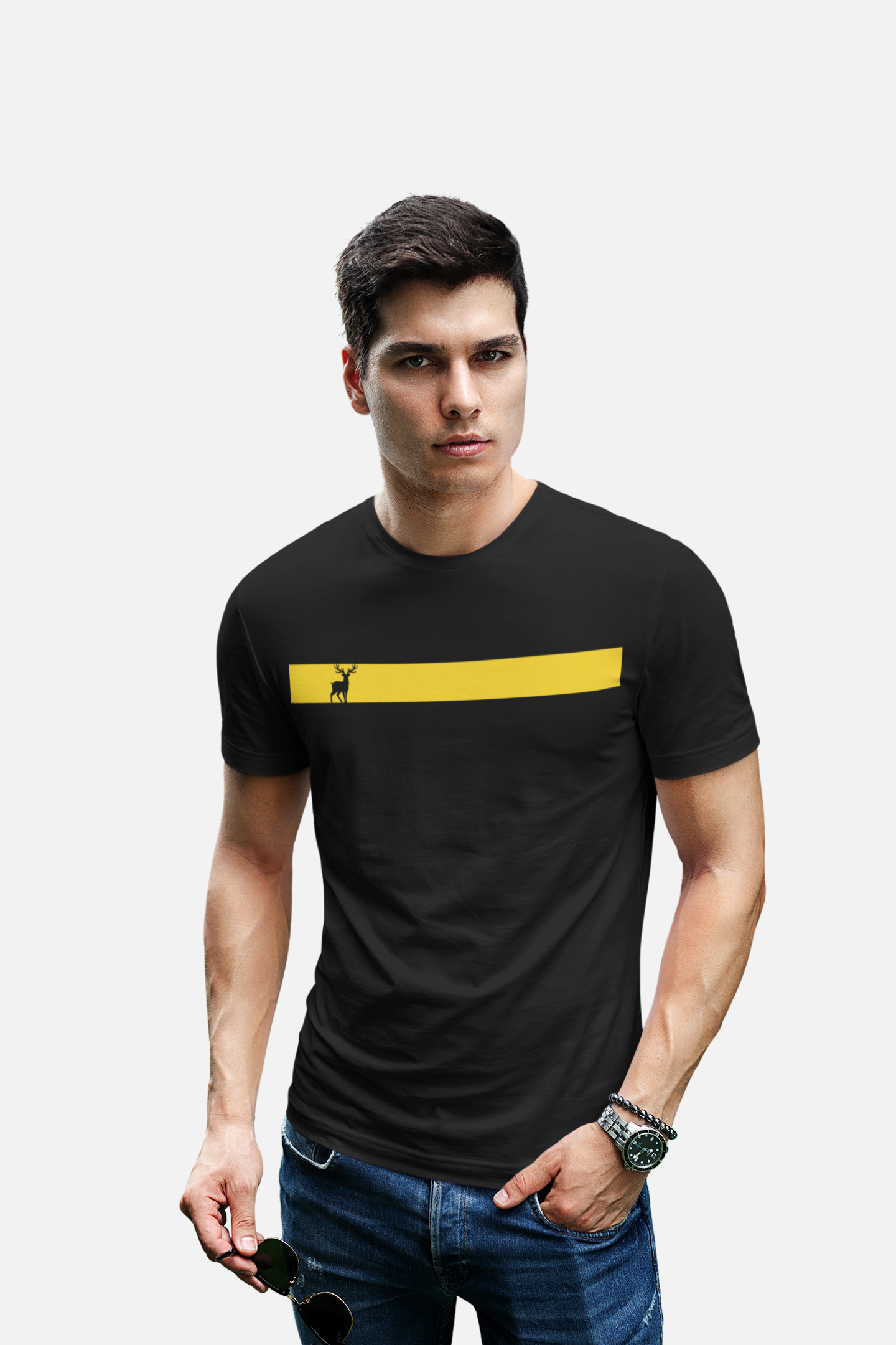 ATOM Signature Mascot Yellow Stripe Black T-Shirt For Men