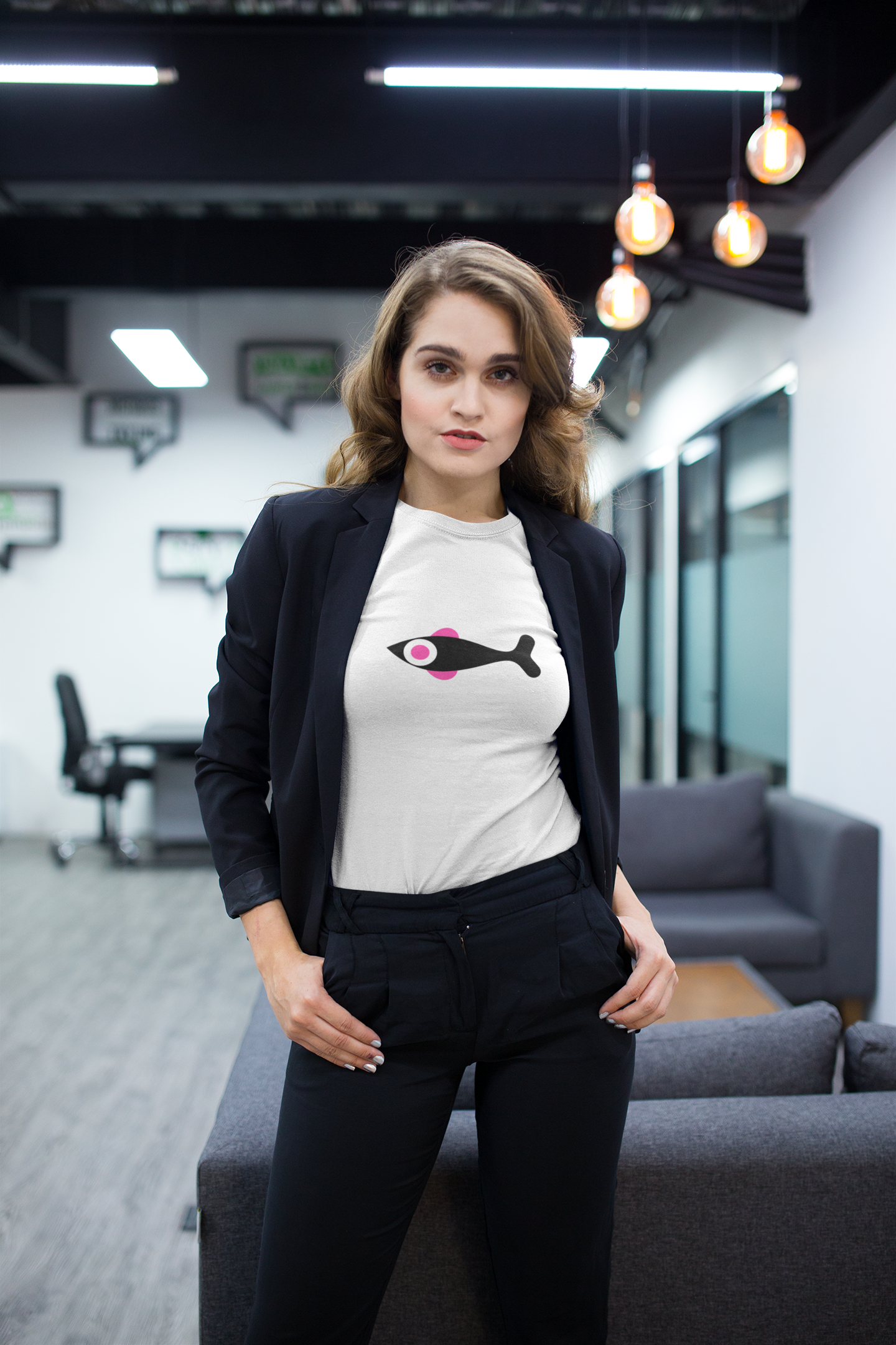 Pink Eye Fish White Round Neck T-Shirt for Women.