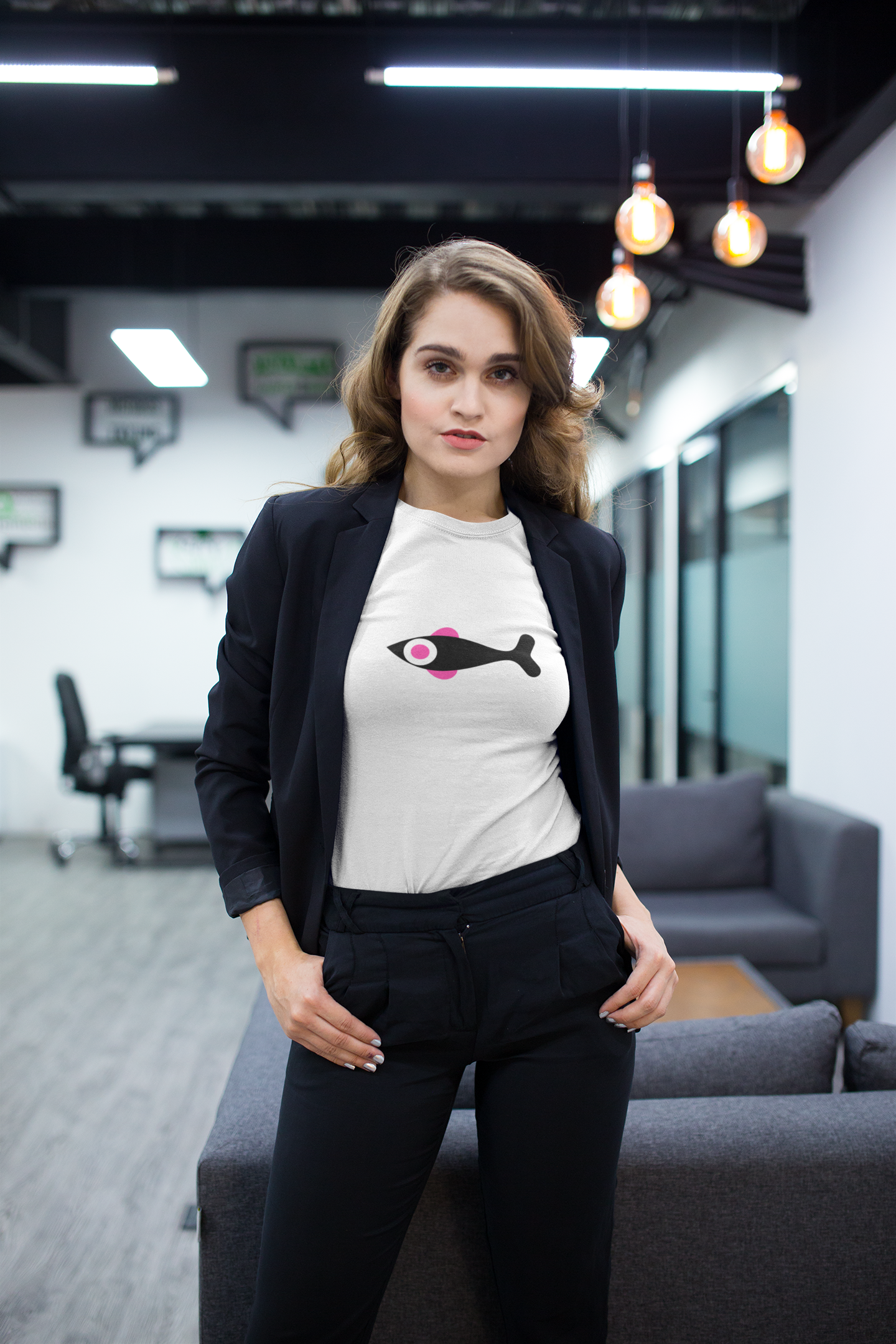 Pink Eye Fish White Round Neck T-Shirt for Women. 