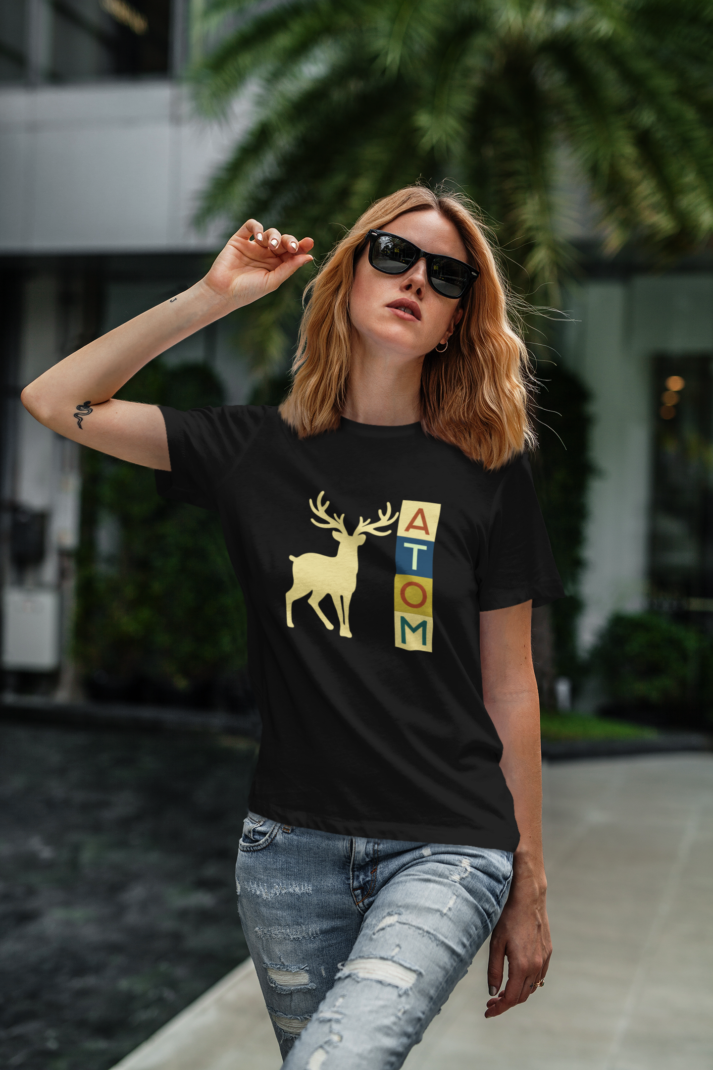 ATOM Signature Vertical Coloured Orange Box Black T-Shirt for Women.