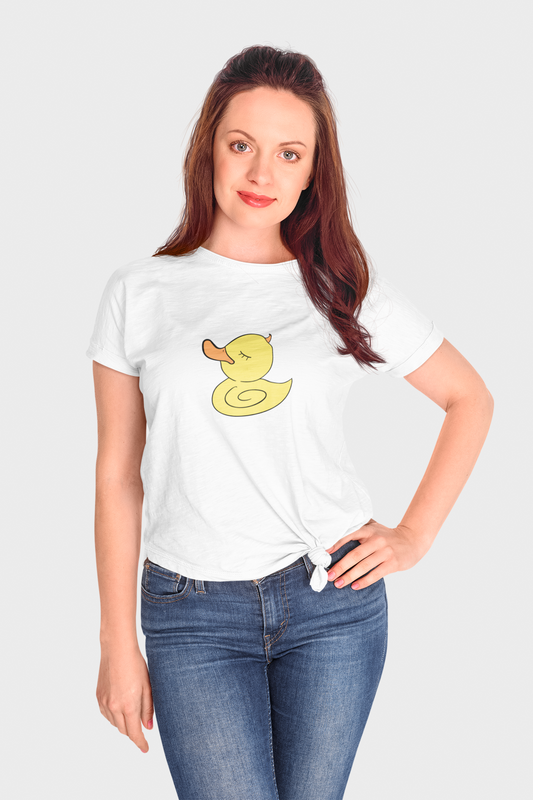 Yellow Duck White Round Neck T-Shirt for Women