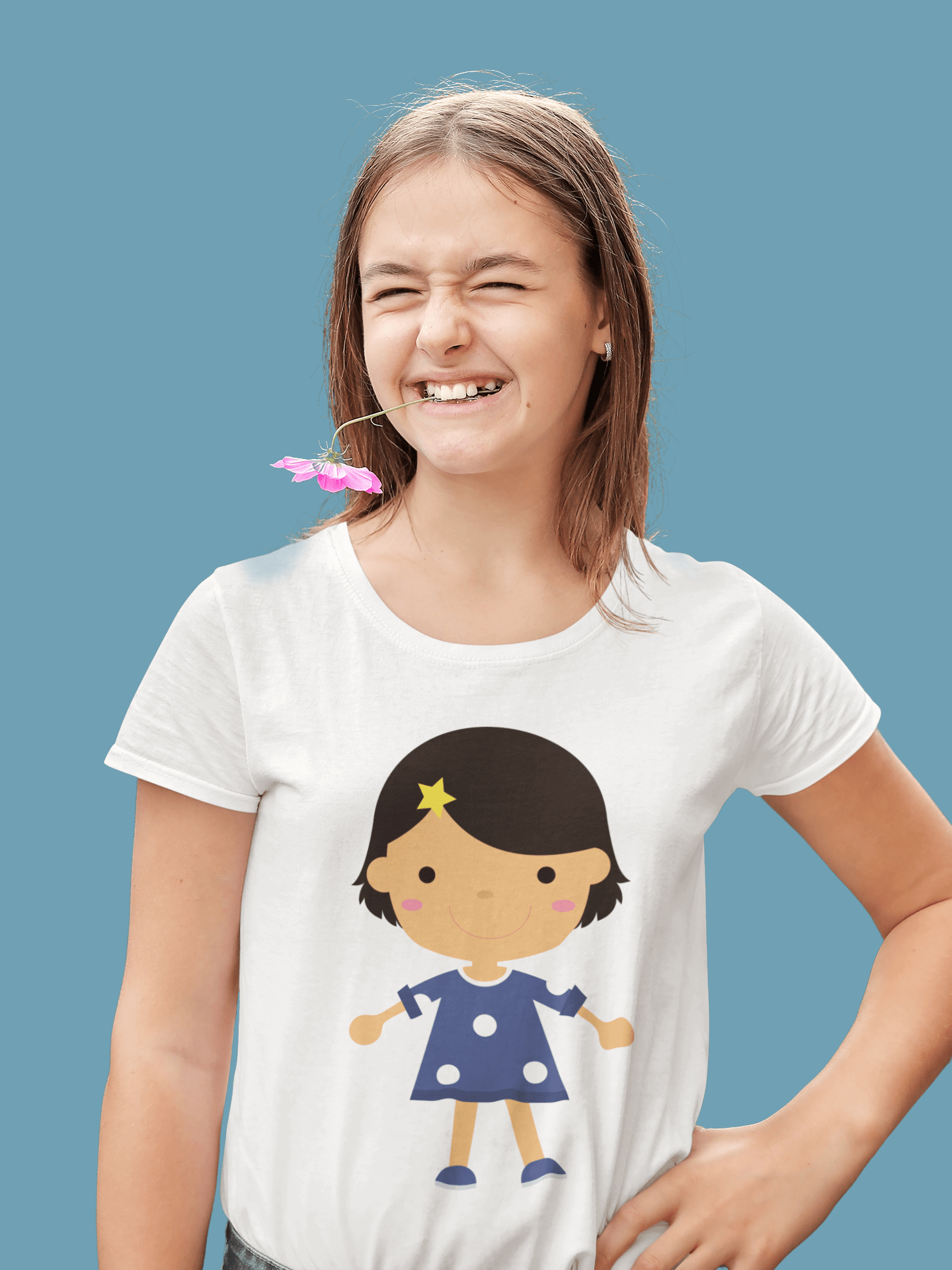 Kids Figures Blue Dress Girl White T Shirt