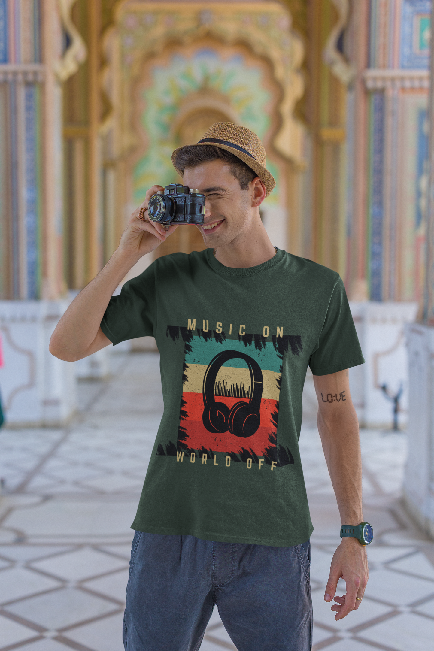 Music On World Off Unisex Round Neck Olive Green Cotton T-Shirt | DJ Paroma Collection | ATOM