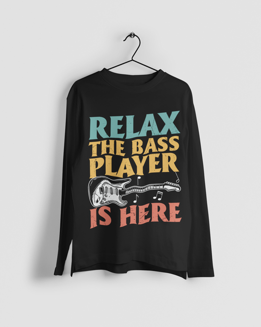 Relax The Bass Player Is Here Men Black Full Sleeves Tshirt | DJ Paroma Collection | ATOM