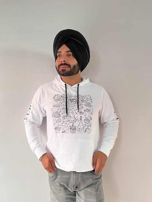 Food Doodle Front And Back White Unisex Pure Cotton Hoodie | Masterchef Gurkirat Collection | ATOM