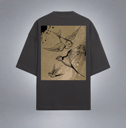Terry (280 GSM) Golden Birds Black Oversize T-Shirt For Men