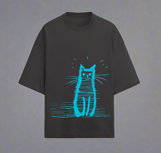 Terry (280 GSM) Blue Cat Black Oversize T-Shirt For Men