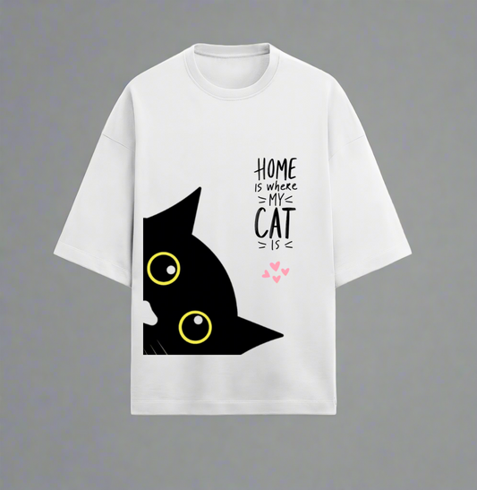 Terry (280 GSM) Home Is Where My Cat White Oversize T-Shirt For Men
