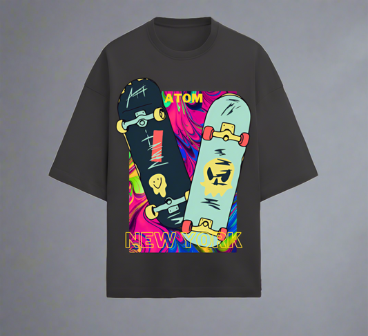 Terry (280 GSM) Funky Skateboard Black Oversize T-Shirt For Men