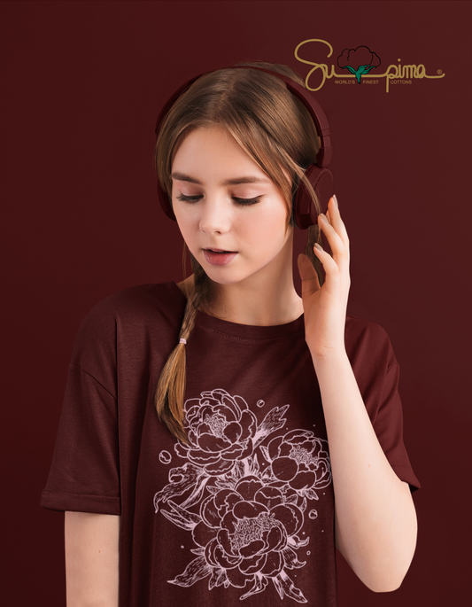Supima Cotton Flower Illustration Maroon T-Shirt For Women