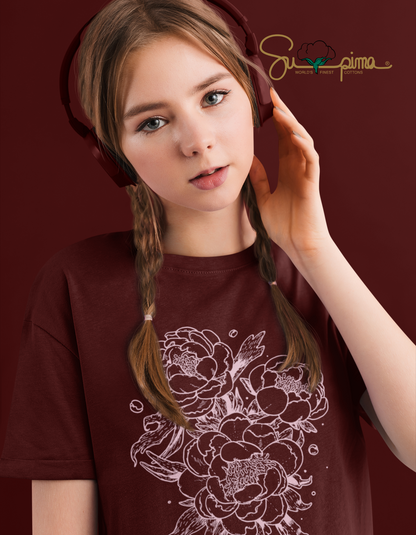 Supima Cotton Flower Illustration Maroon T-Shirt For Women