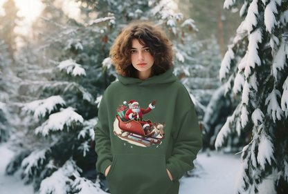Santa On The Sleigh Olive Green Hoodie For Women