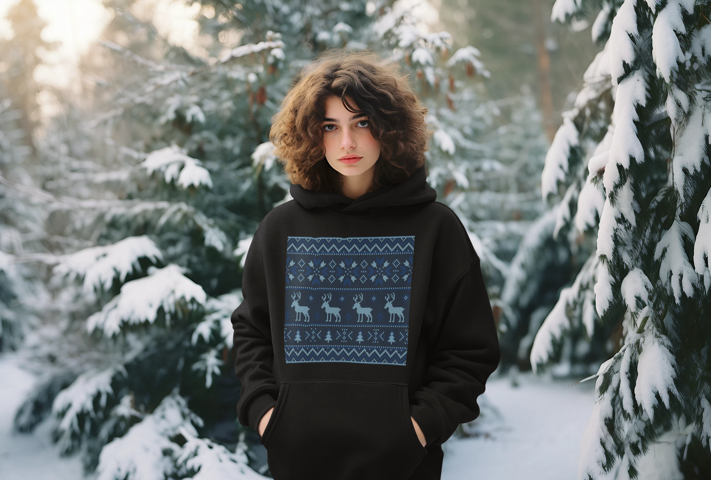 Reindeer Pattern Black Hoodie For Women