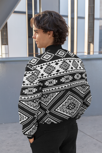 Black And White Abstract Pattern Bomber Jacket For Men