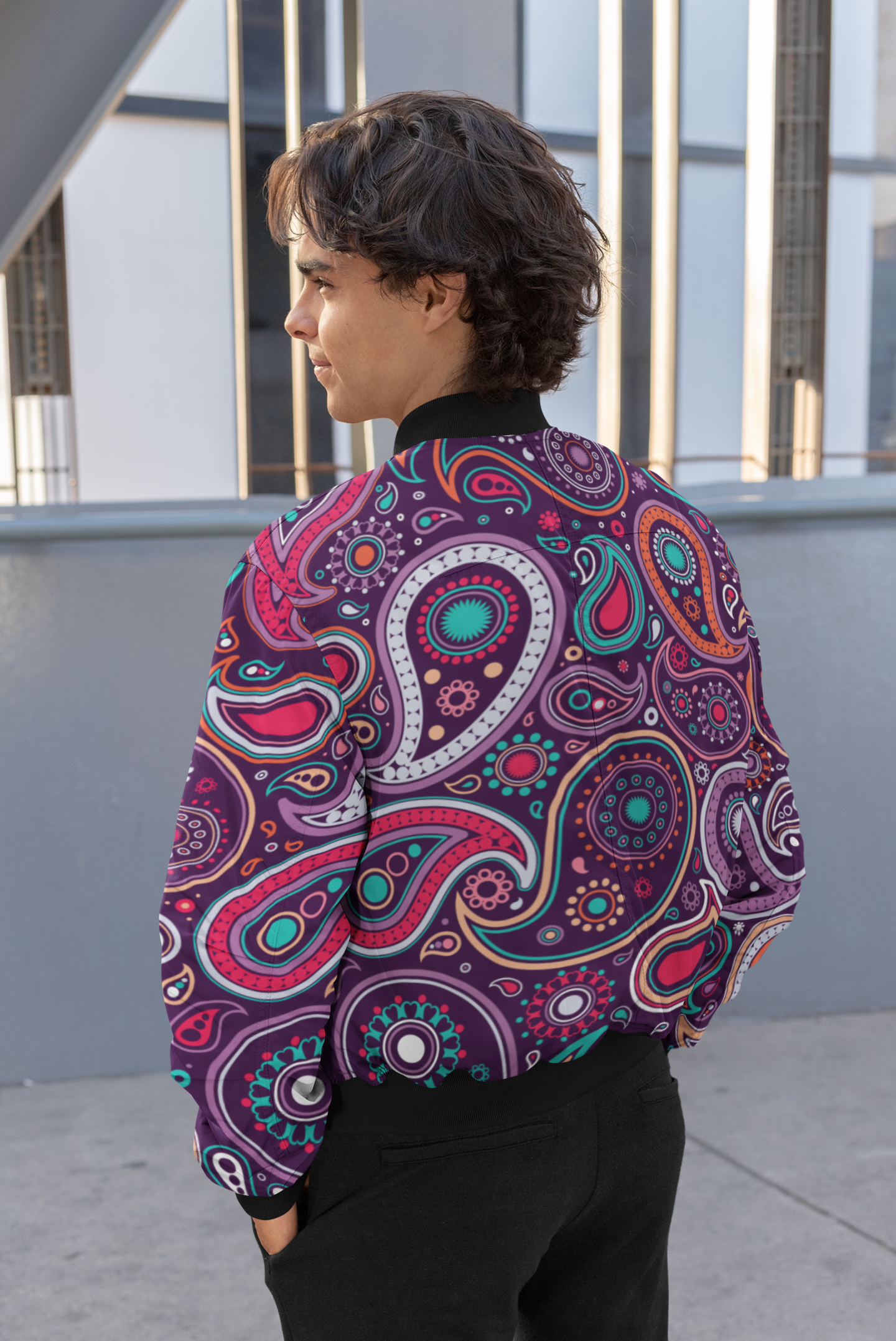 Purple And Pink Paisley Pattern Bomber Jacket For Men