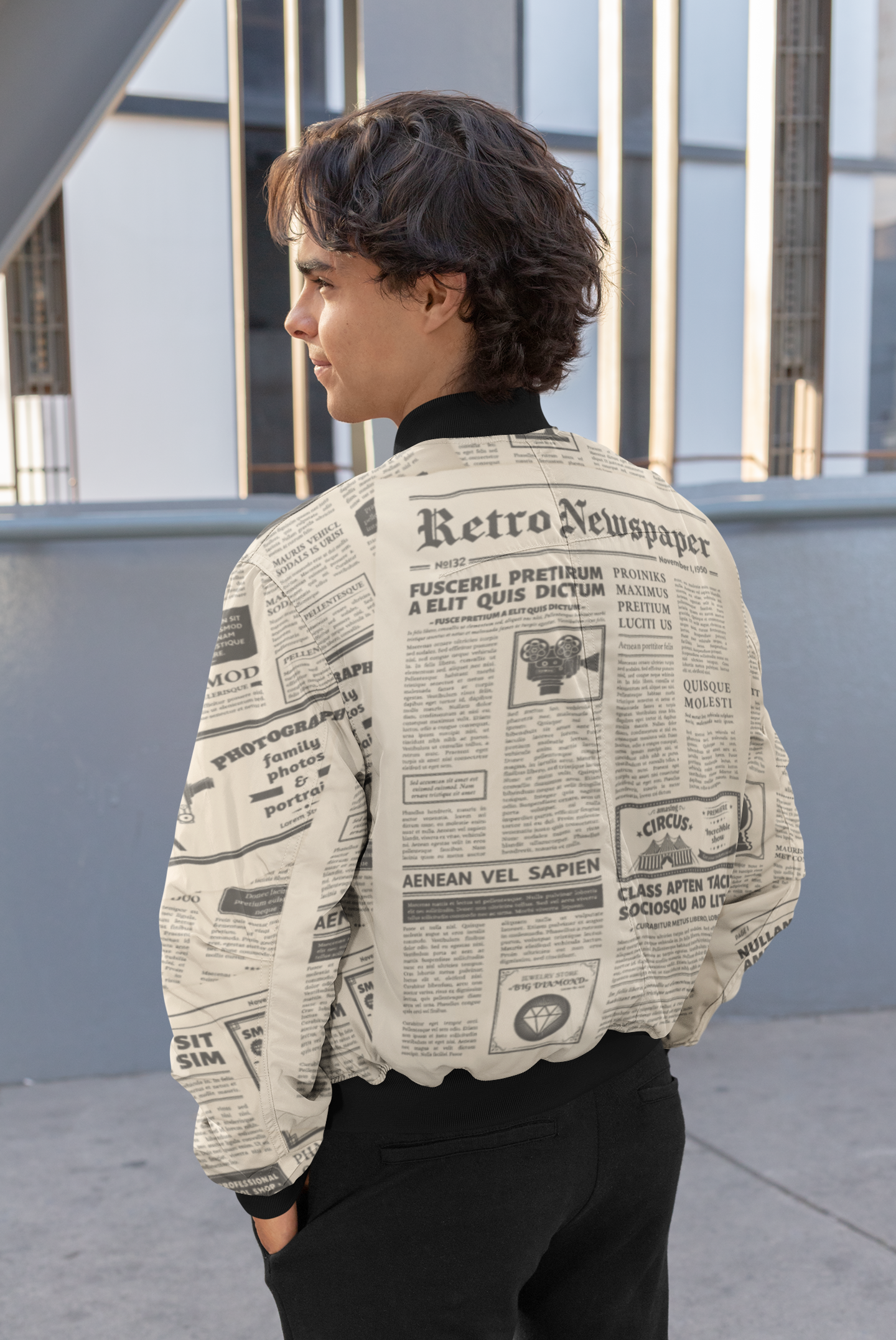 News Paper Print Bomber Jacket For Men