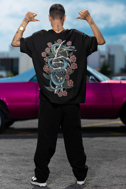 Skeleton And Roses Black Oversized T-Shirt For Men