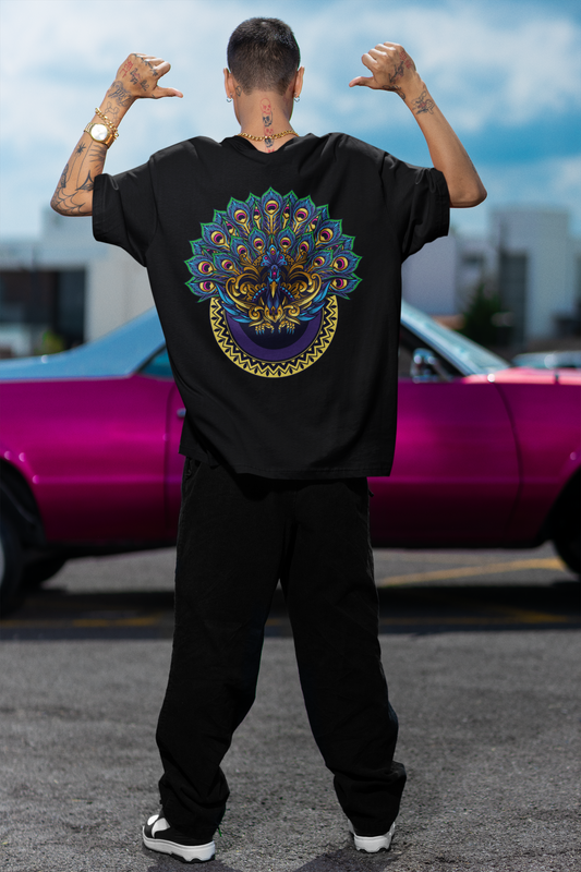 Peacock Black Oversized T-Shirt For Men