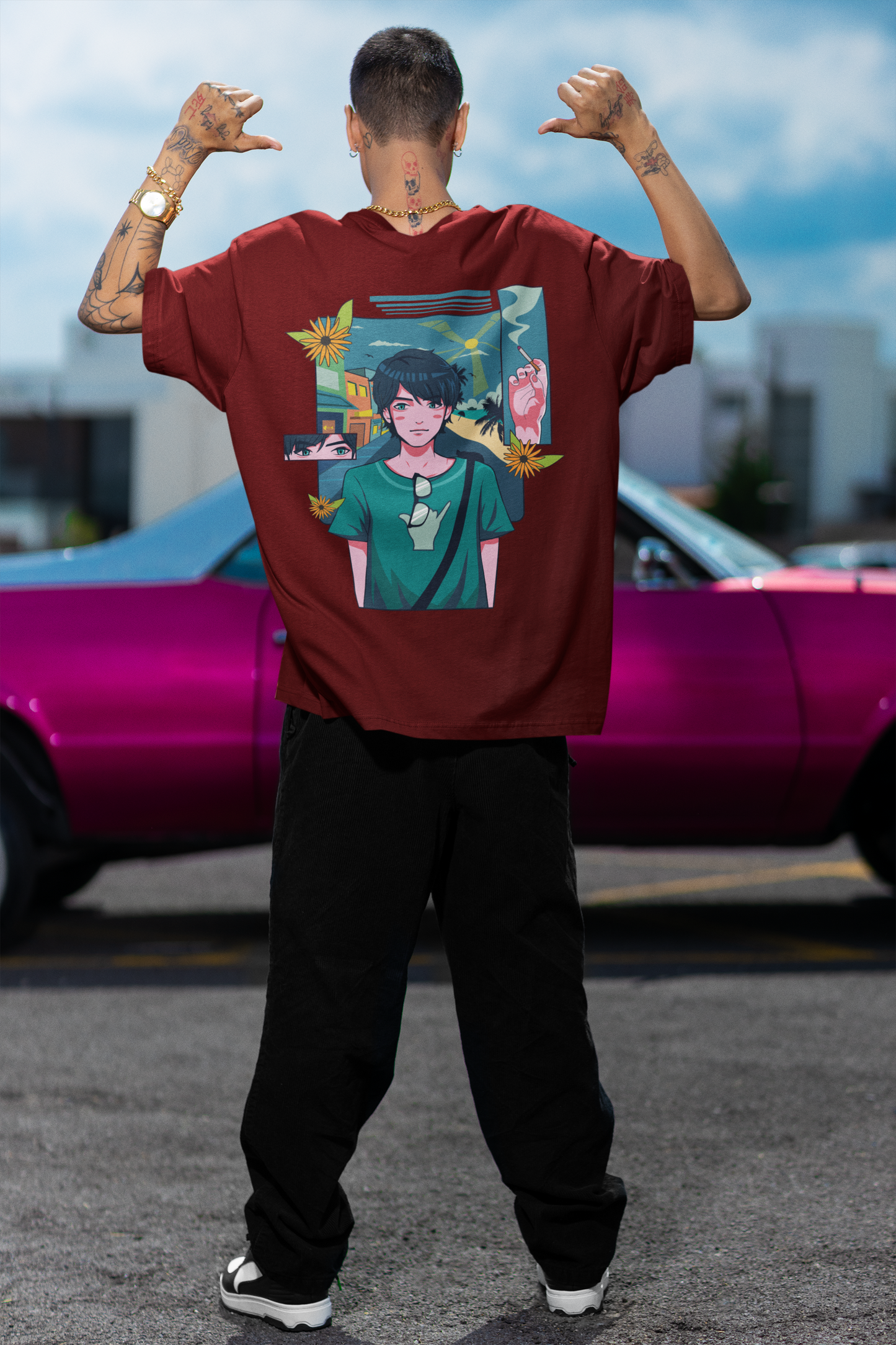 Anime Maroon Oversized T-Shirt For Men