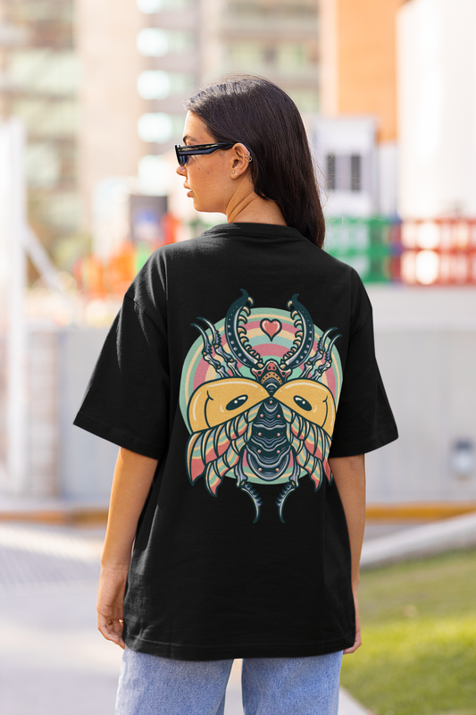 Trippy Beetle Black Oversized T-Shirt For Women