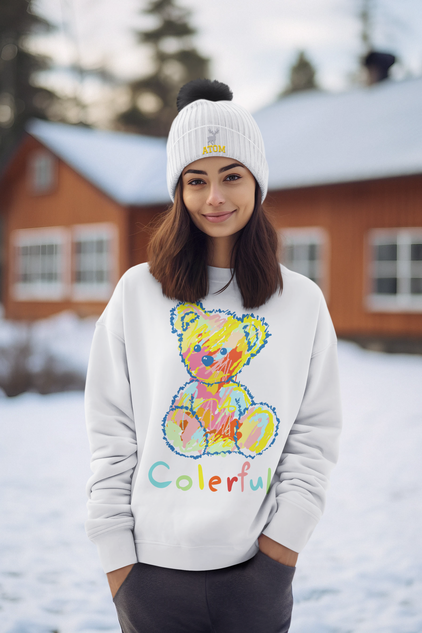 Colourful Teddy White Sweatshirt For Women