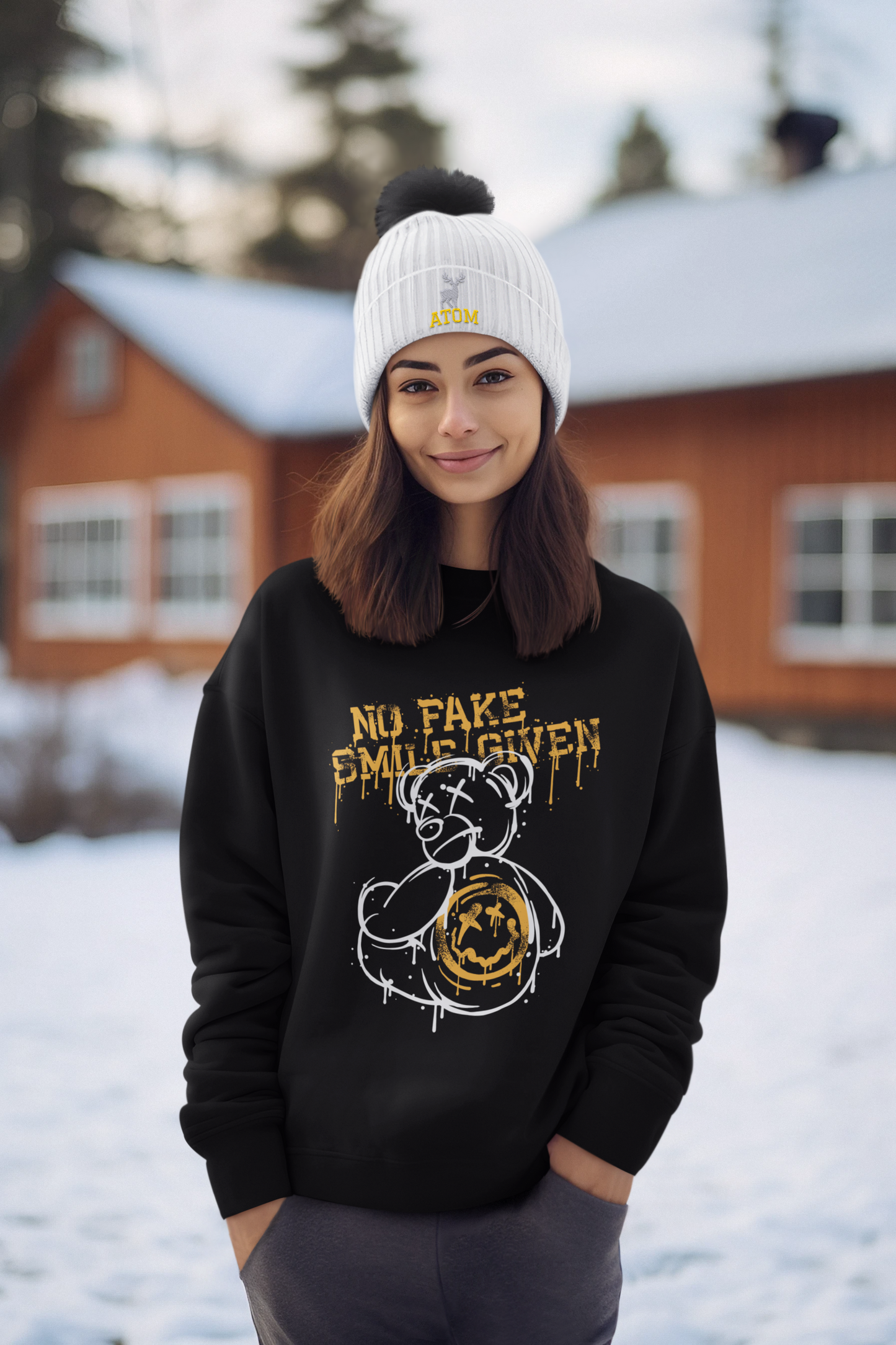 No Fake Smile Teddy Bear Black Sweatshirt For Women