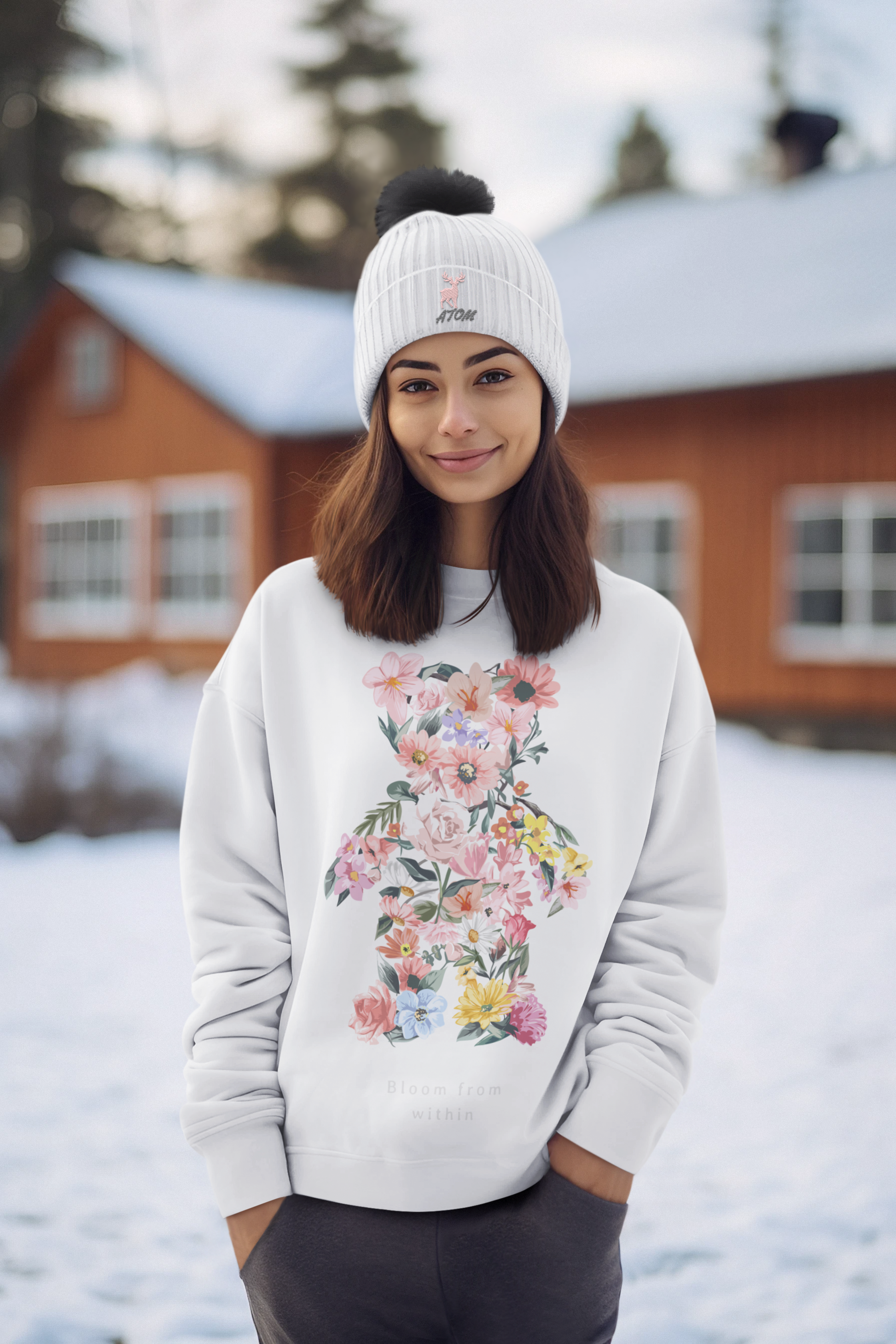 Flowery Teddy Bear White Sweatshirt For Women