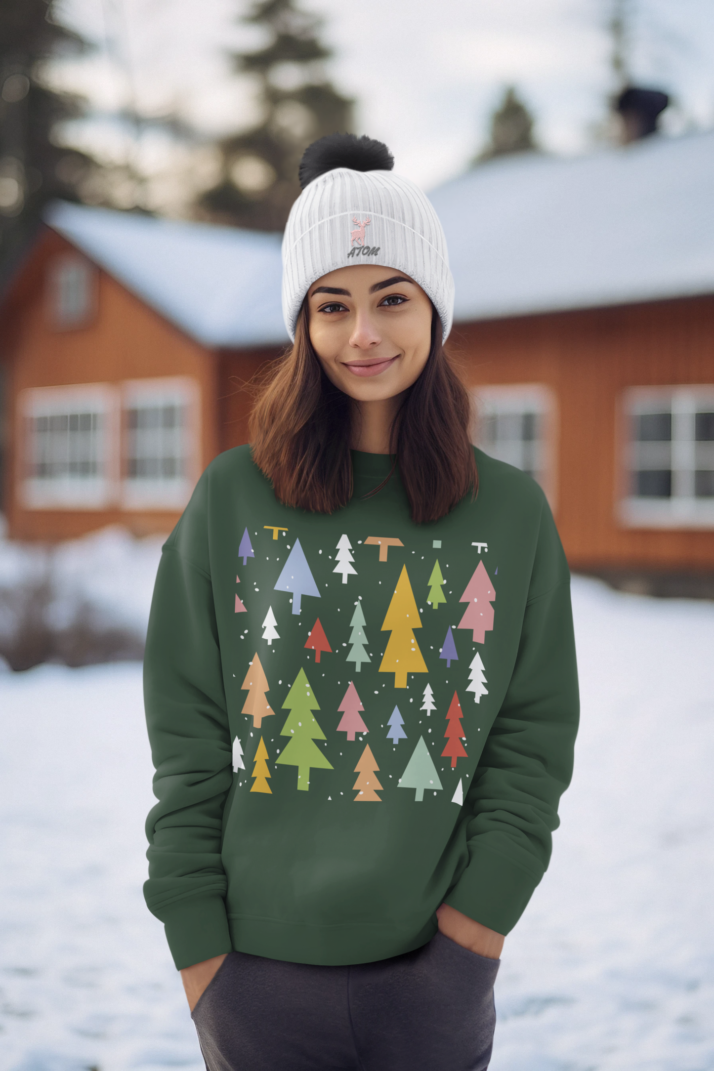 Christmas Tree Olive Green Sweatshirt For Women