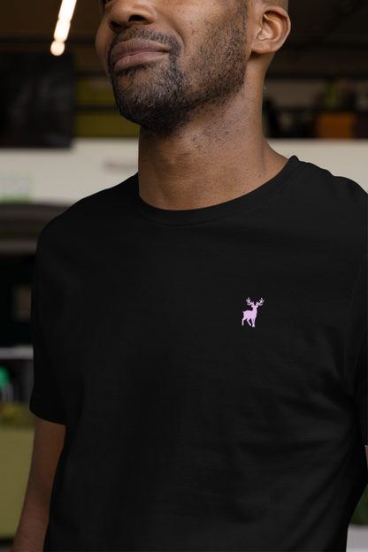ATOM Deer Mascot Classic Embroidered Lavander Logo Basic Black T-Shirt For Men