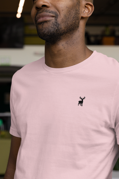 ATOM Deer Mascot Classic Embroidered Black Logo Basic Light Pink T-Shirt For Men