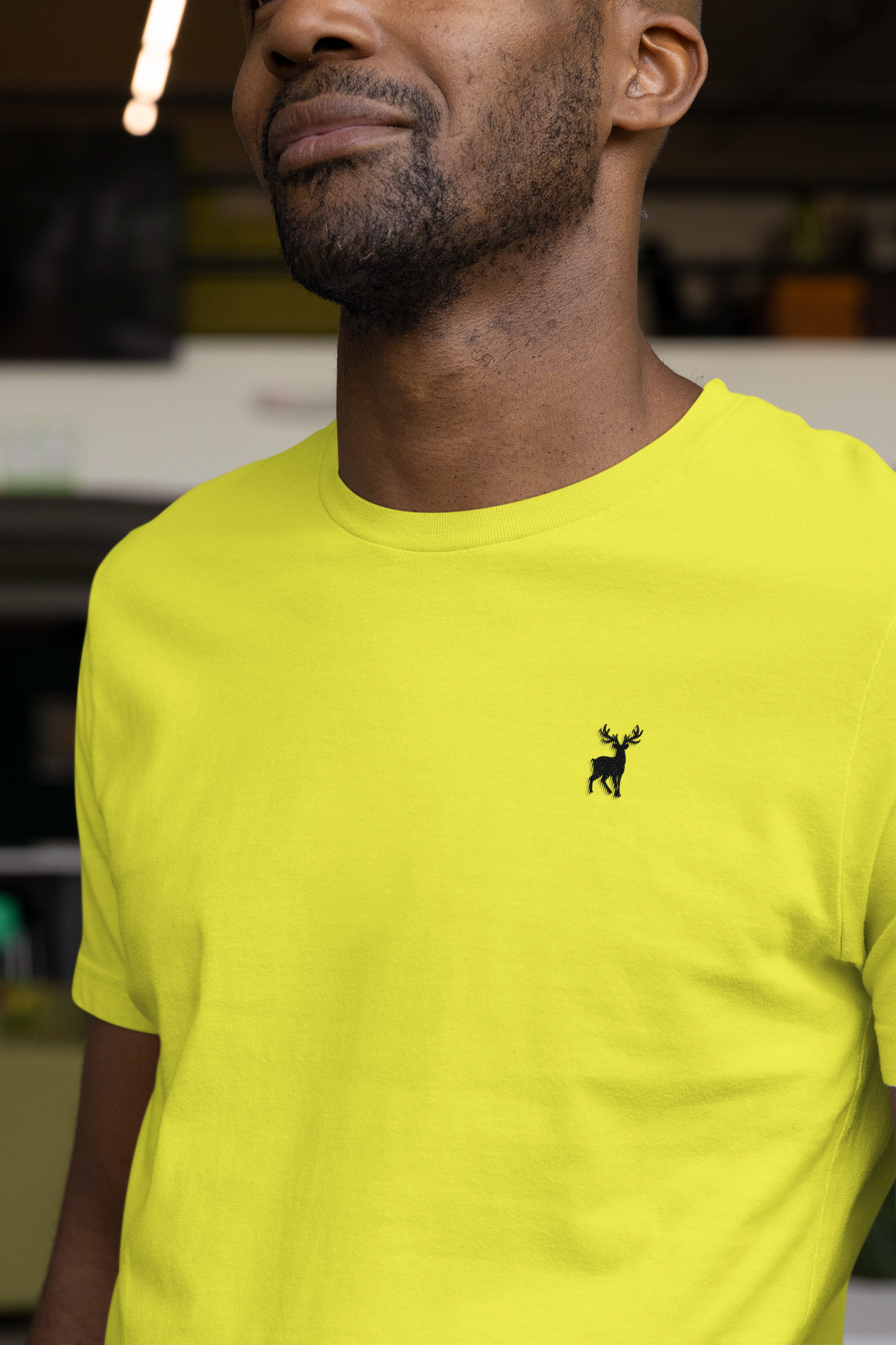 ATOM Deer Mascot Classic Embroidered Black Logo Basic New Yellow T-Shirt For Men