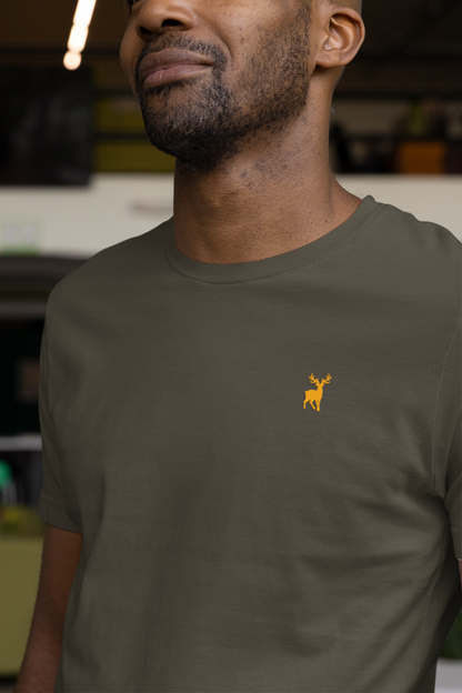 ATOM Deer Mascot Classic Embroidered Yellow Logo Basic Olive Green T-Shirt For Men