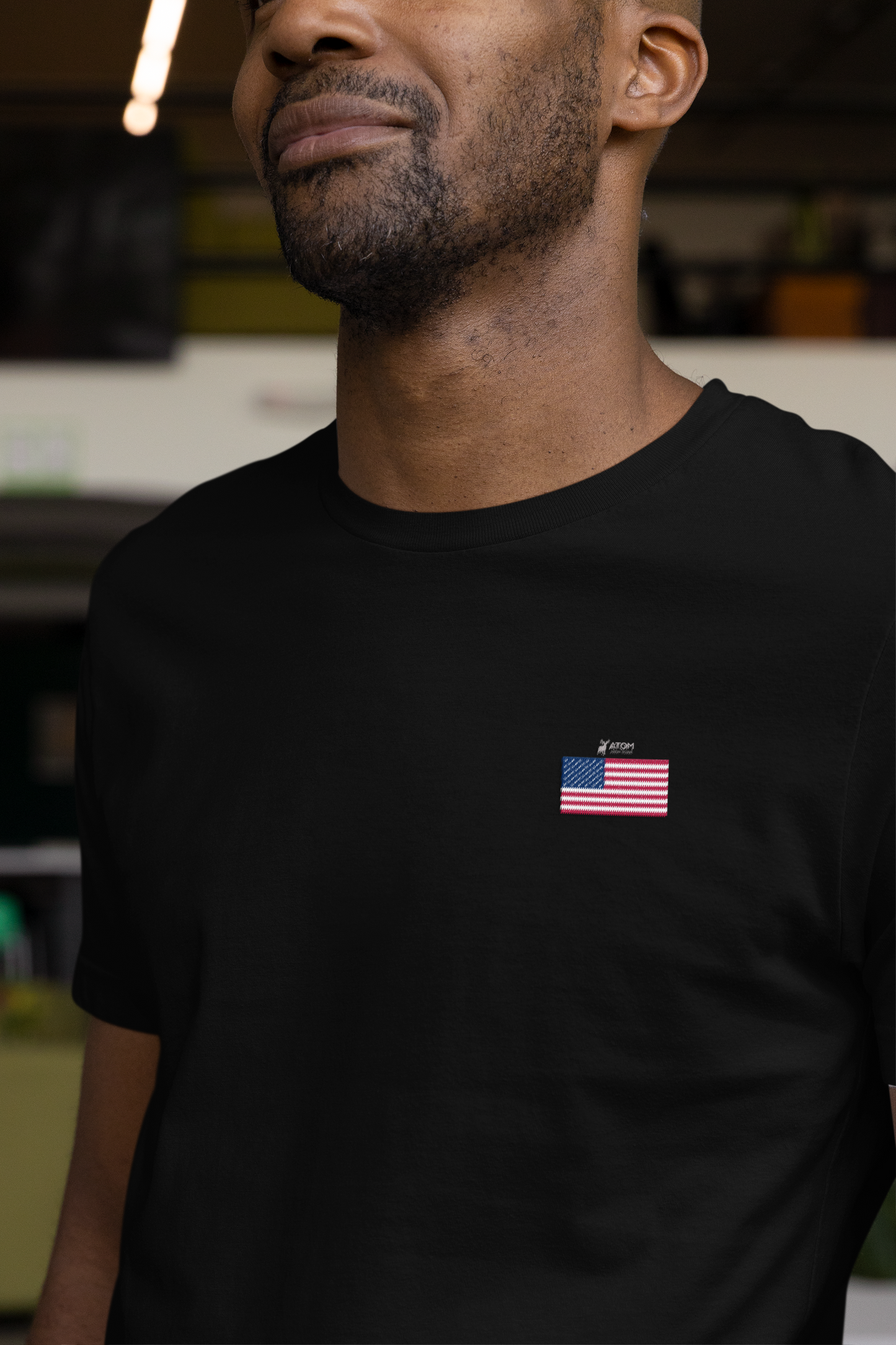 ATOM US Flag Classic Embroidered Logo Basic Black T-Shirt For Men