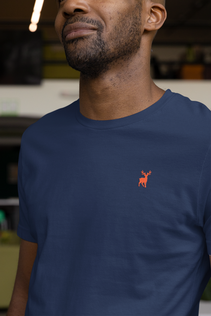 ATOM Deer Mascot Classic Embroidered Logo Basic Navy Blue T-Shirt For Men