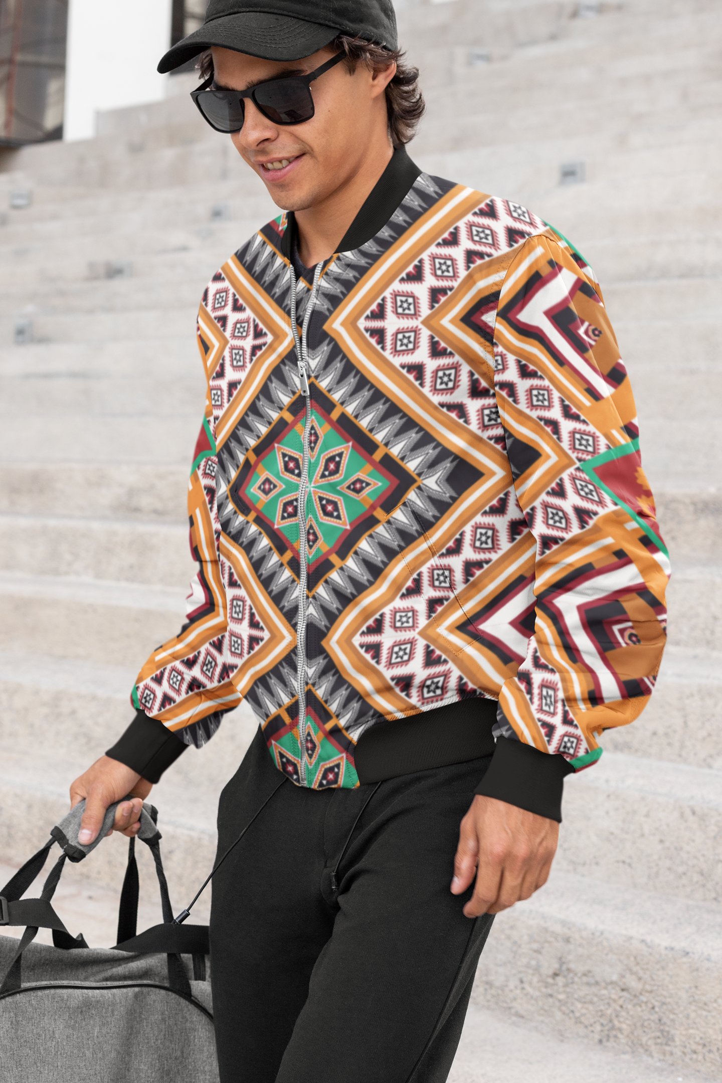 Yellow Abstract Pattern Bomber Jacket For Men