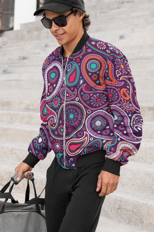 Purple And Pink Paisley Pattern Bomber Jacket For Men