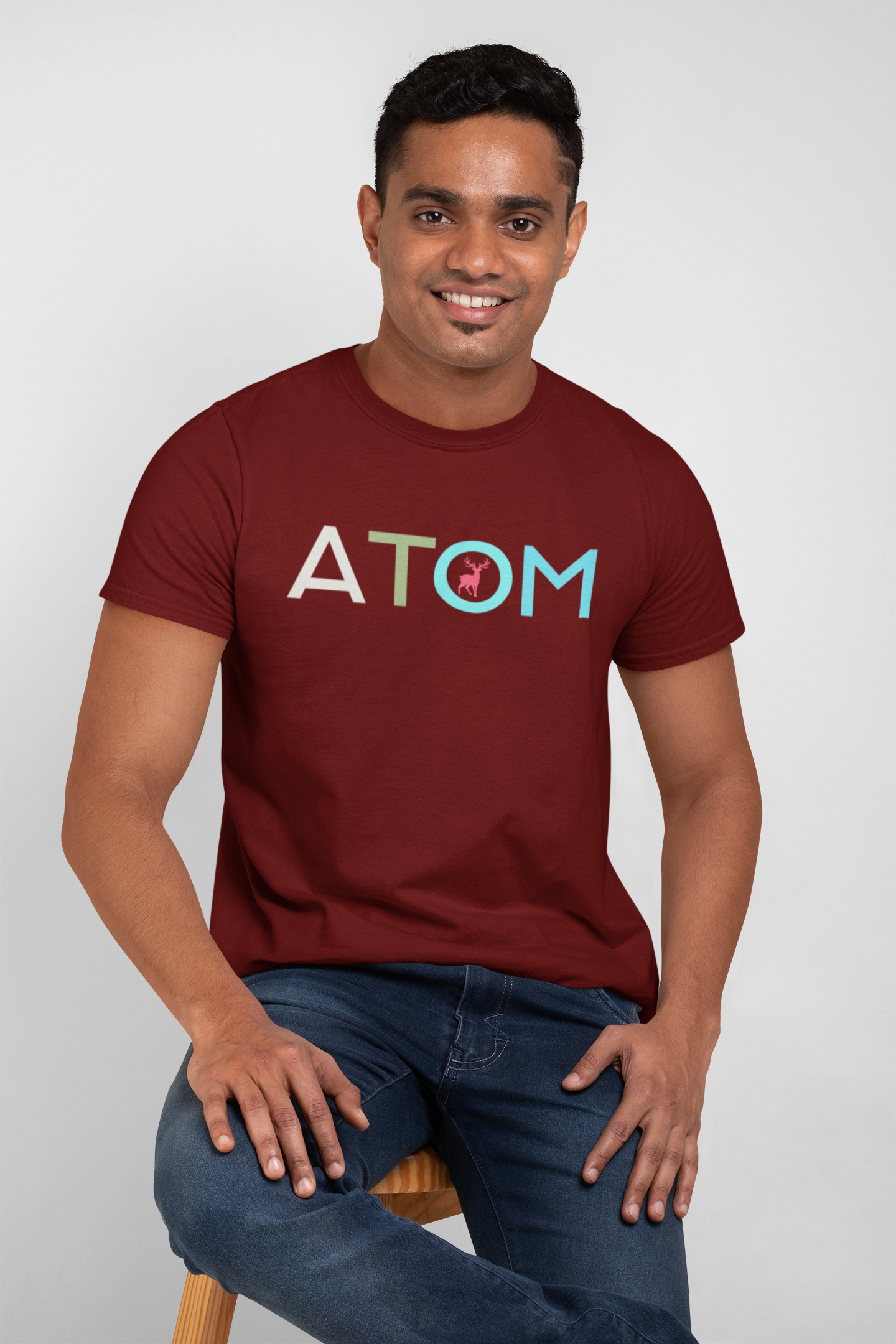ATOM Signature Flat Blue Icon Maroon Round Neck T-Shirt for Men.