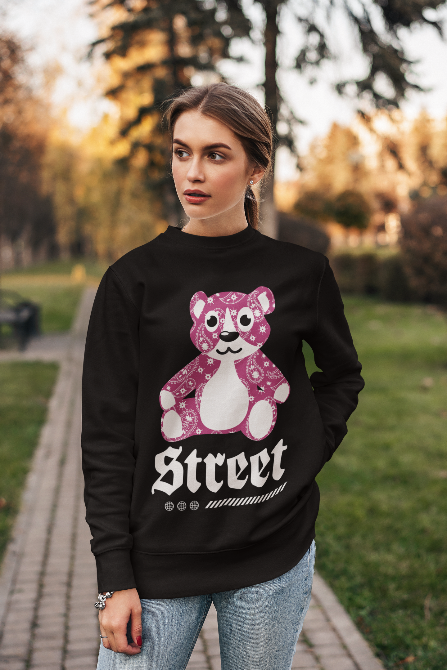 Street Teddy Bear Black Sweatshirt For Women