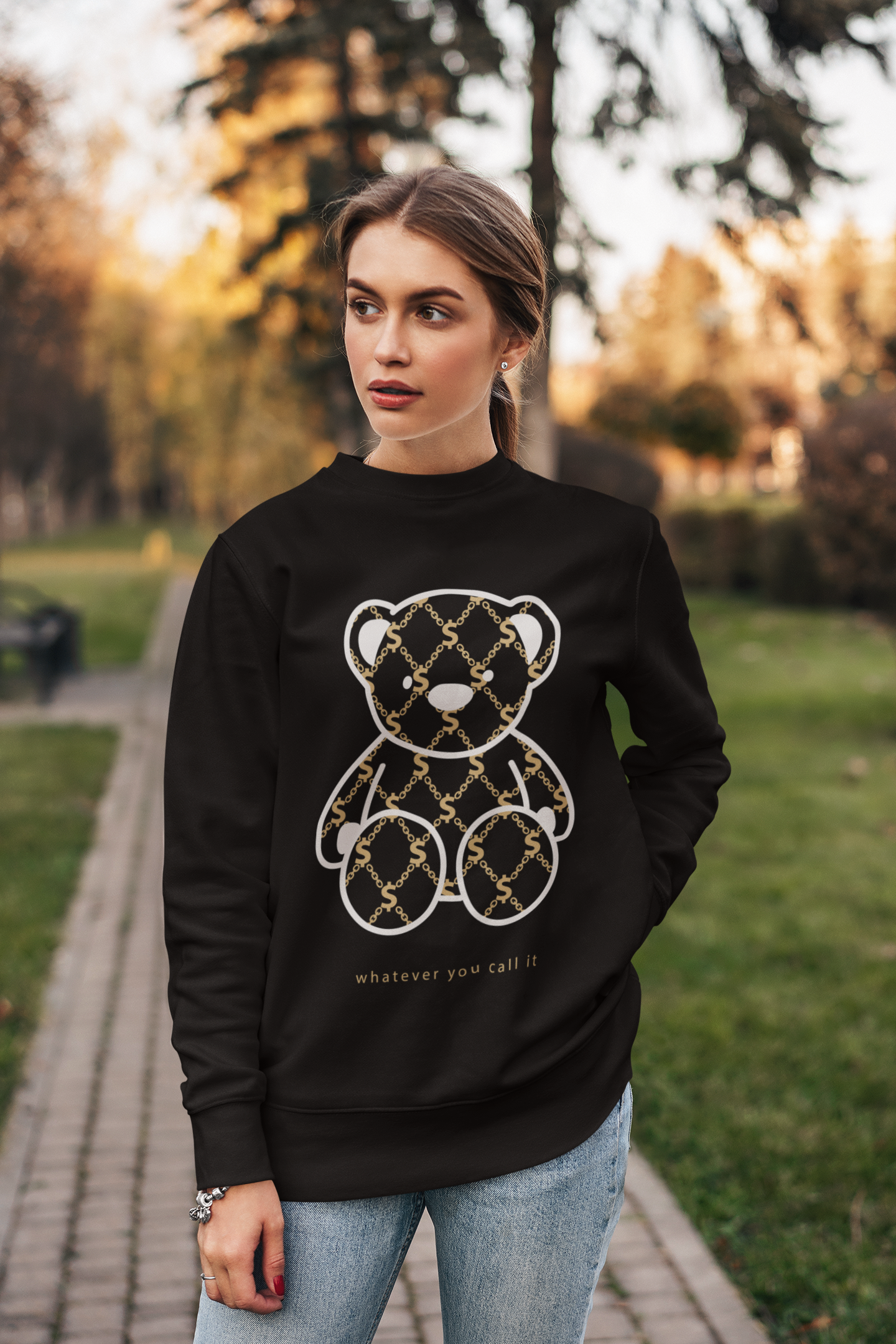 Dollar Sign Teddy Bear Black Sweatshirt For Women