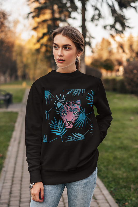 Peeping Leopard Black Sweatshirt For Women
