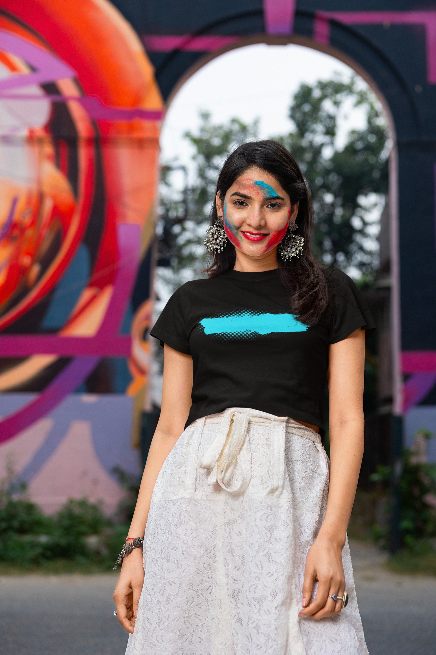 Blue Horizontal Stroke Paint Black Crop Top For Women
