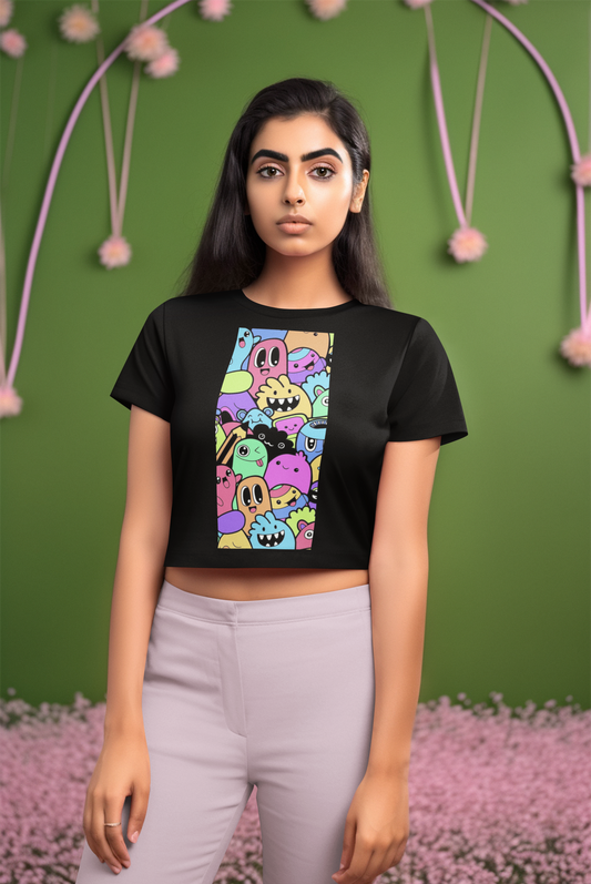 Alien Doodles Black Crop Top For Women