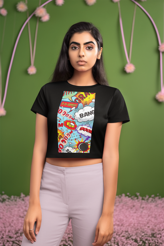 Comic Quotes Black Crop Top For Women