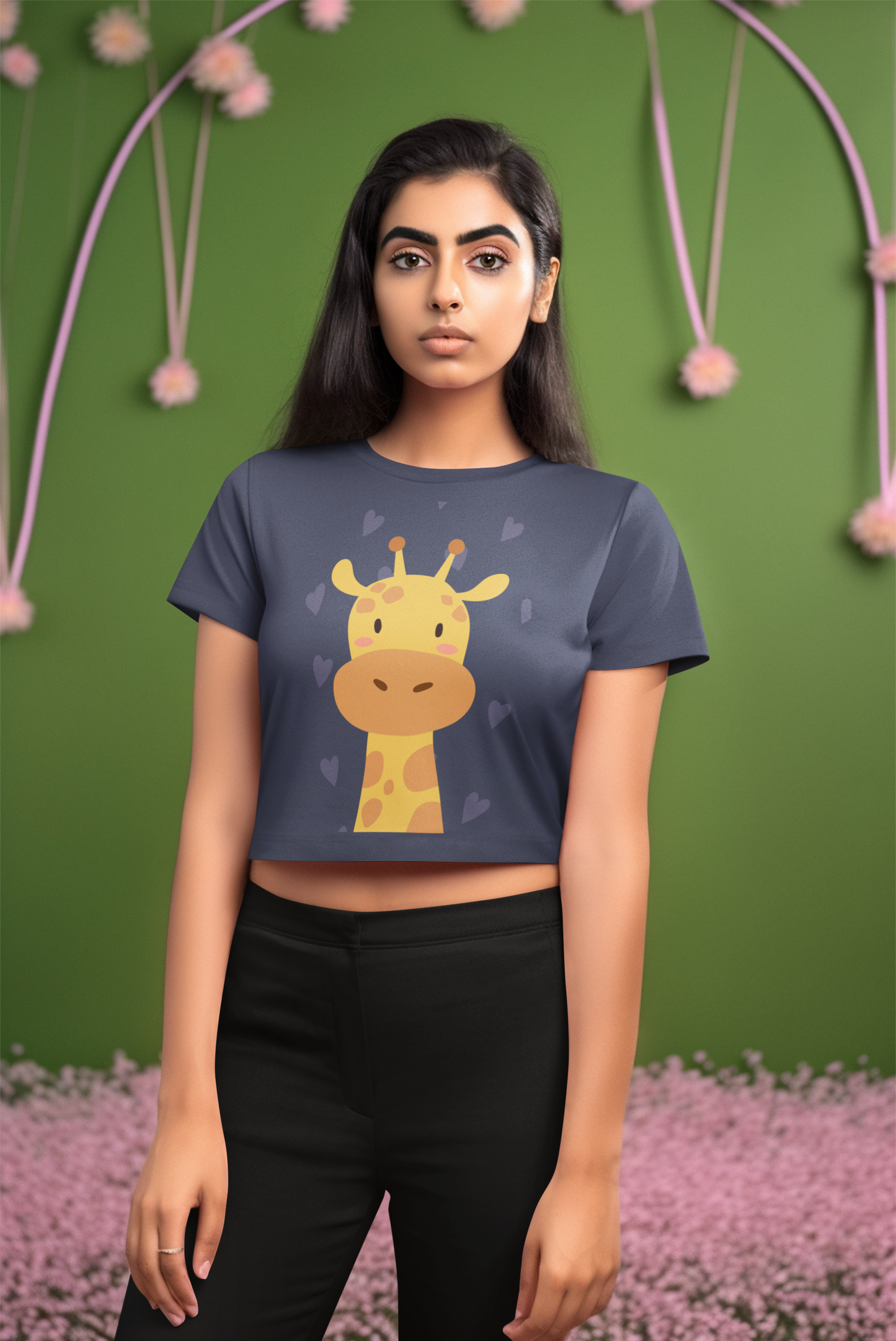 Giraffe Illustration Navy Blue Crop Top For Women