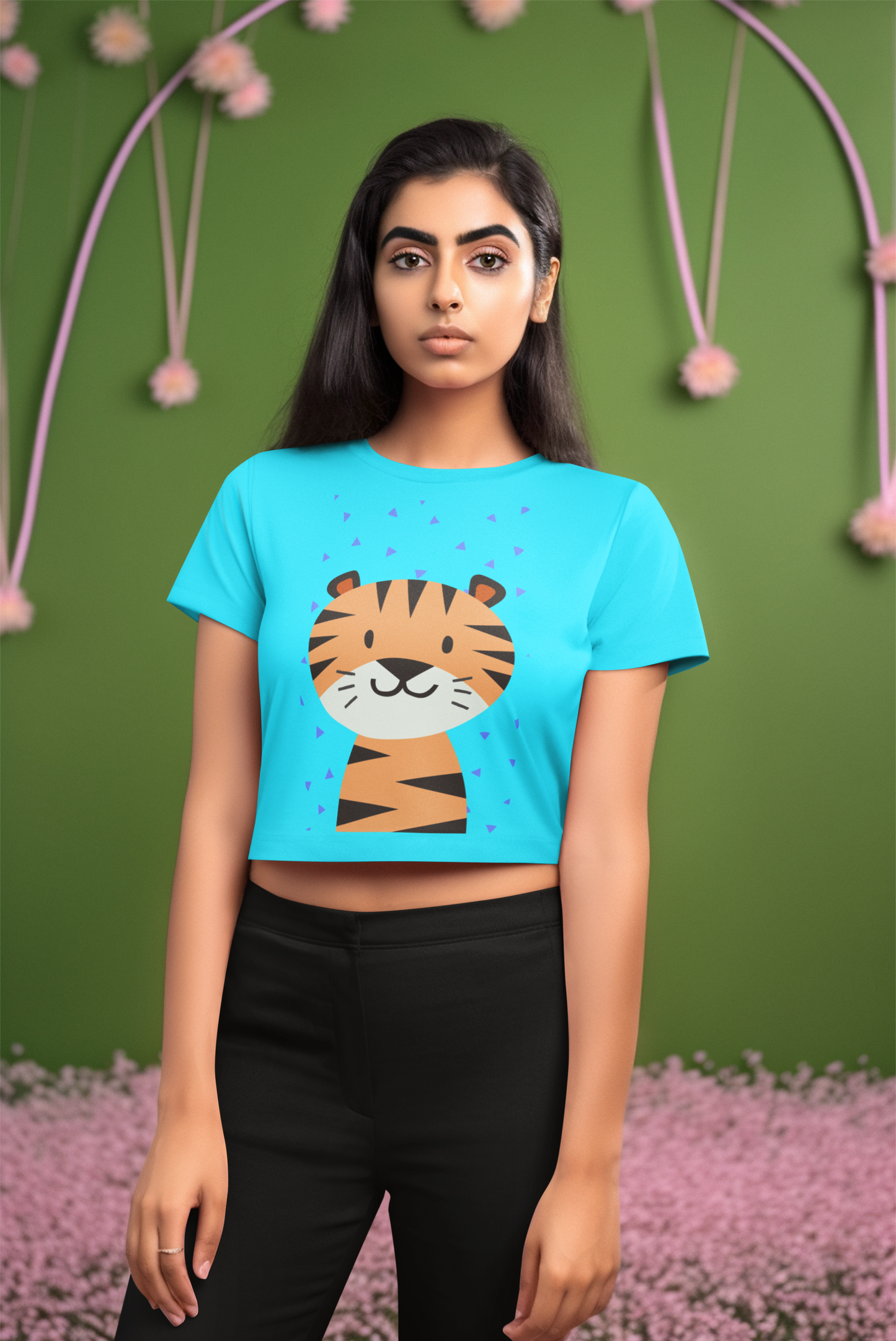 Tiger Illustration Sky Blue Crop Top For Women