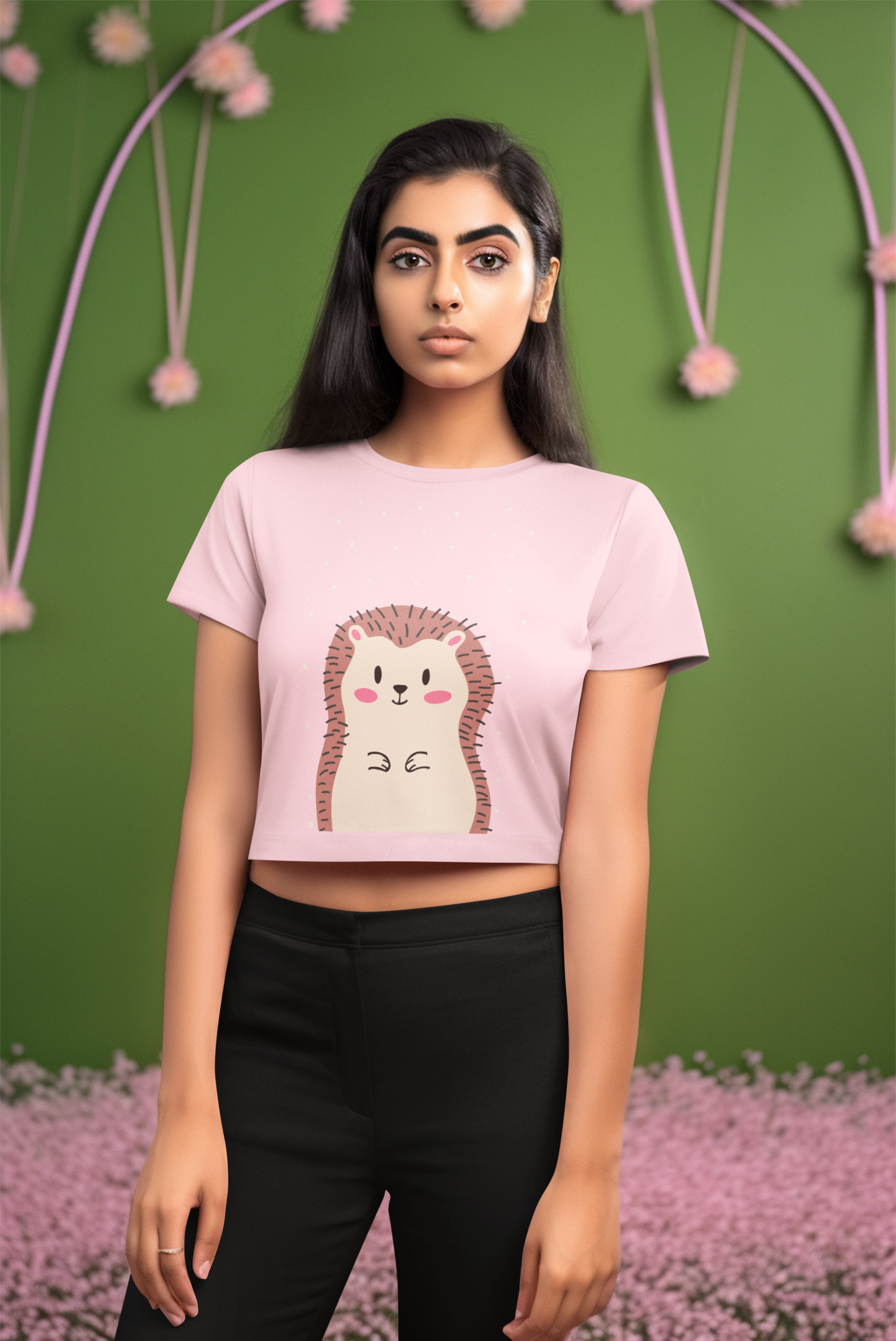 Porcupine Illustration Light Pink Crop Top For Women