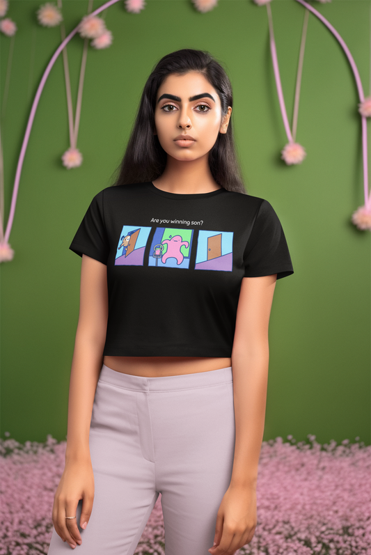 Are You Winning Comic Strip Black Crop Top For Women