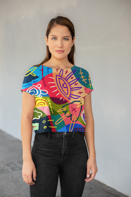 Abstract Evil Eye Print Crop Top For Women