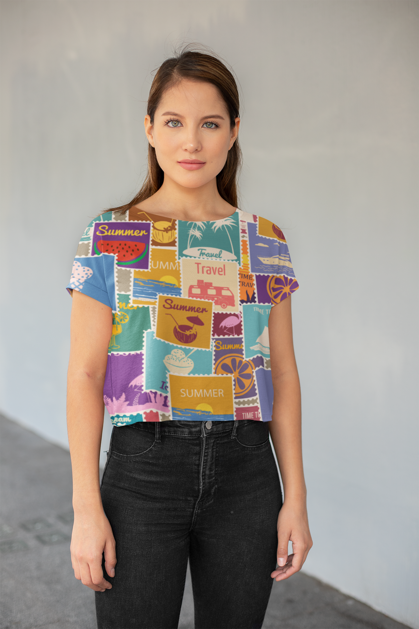 Travel Stamp Print Crop Top For Women