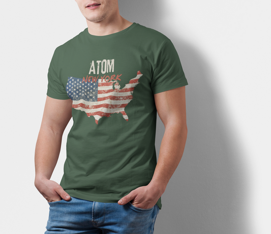 ATOM New York Vintage US Map Olive Green T-Shirt For Men